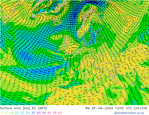 Viento 10 m EC (AIFS) mié 25.09.2024 12 UTC