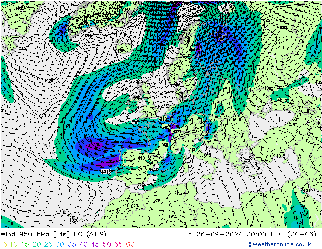 Wind 950 hPa EC (AIFS) do 26.09.2024 00 UTC