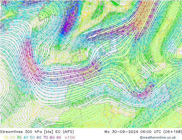 Línea de corriente 300 hPa EC (AIFS) lun 30.09.2024 06 UTC