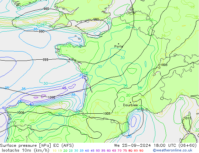 Isotaca (kph) EC (AIFS) mié 25.09.2024 18 UTC