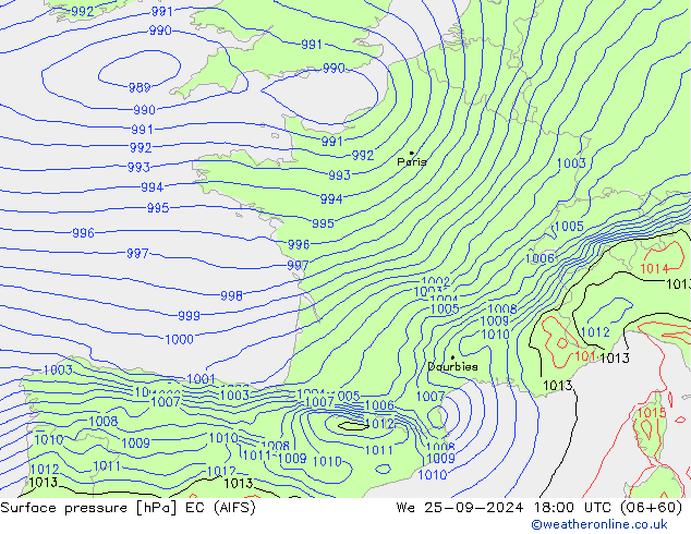 Surface pressure EC (AIFS) We 25.09.2024 18 UTC