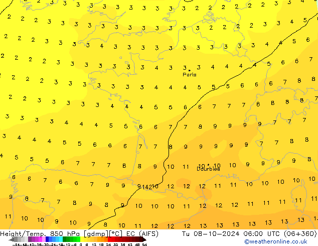 Height/Temp. 850 hPa EC (AIFS) Tu 08.10.2024 06 UTC