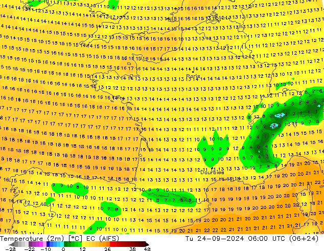 Temperature (2m) EC (AIFS) Út 24.09.2024 06 UTC