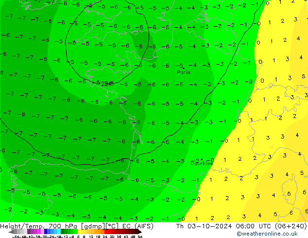 Height/Temp. 700 hPa EC (AIFS) Th 03.10.2024 06 UTC