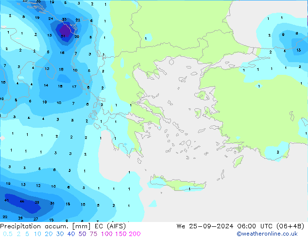 Precipitation accum. EC (AIFS) śro. 25.09.2024 06 UTC