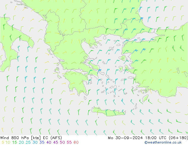 wiatr 850 hPa EC (AIFS) pon. 30.09.2024 18 UTC