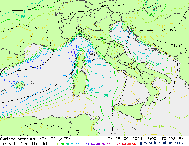 Isotachs (kph) EC (AIFS) jeu 26.09.2024 18 UTC