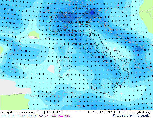 Precipitation accum. EC (AIFS) Út 24.09.2024 18 UTC