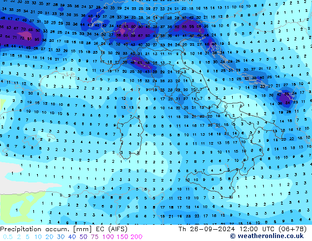 Precipitation accum. EC (AIFS)  26.09.2024 12 UTC