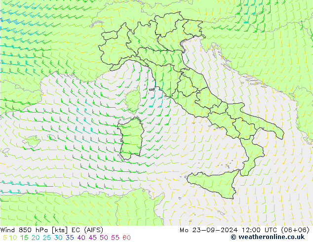 Vent 850 hPa EC (AIFS) lun 23.09.2024 12 UTC