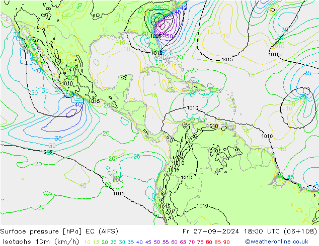 Izotacha (km/godz) EC (AIFS) pt. 27.09.2024 18 UTC