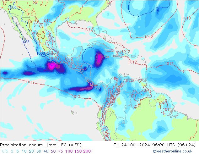 Precipitation accum. EC (AIFS) Út 24.09.2024 06 UTC