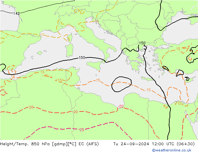 Géop./Temp. 850 hPa EC (AIFS) mar 24.09.2024 12 UTC