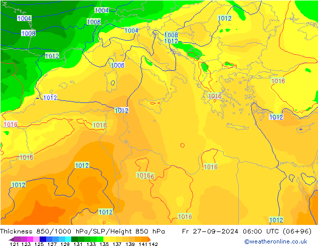 Dikte 850-1000 hPa EC (AIFS) vr 27.09.2024 06 UTC