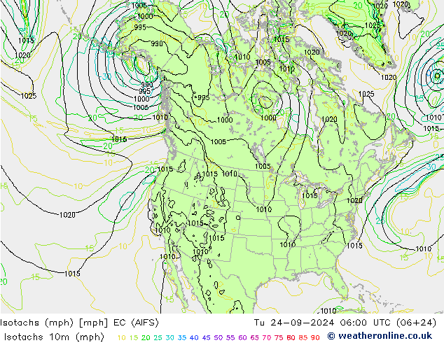 Isotachs (mph) EC (AIFS) Tu 24.09.2024 06 UTC