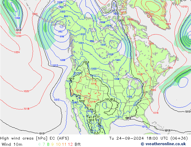 High wind areas EC (AIFS) вт 24.09.2024 18 UTC