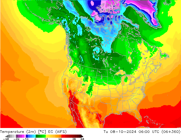 Temperature (2m) EC (AIFS) Tu 08.10.2024 06 UTC