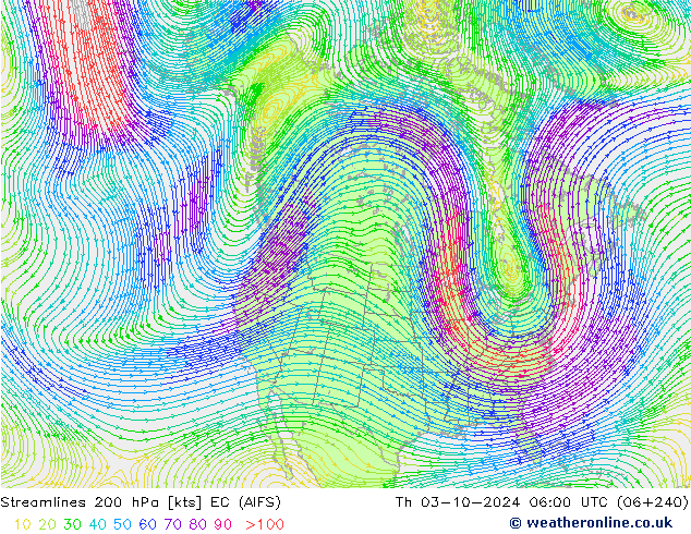 Streamlines 200 hPa EC (AIFS) Th 03.10.2024 06 UTC