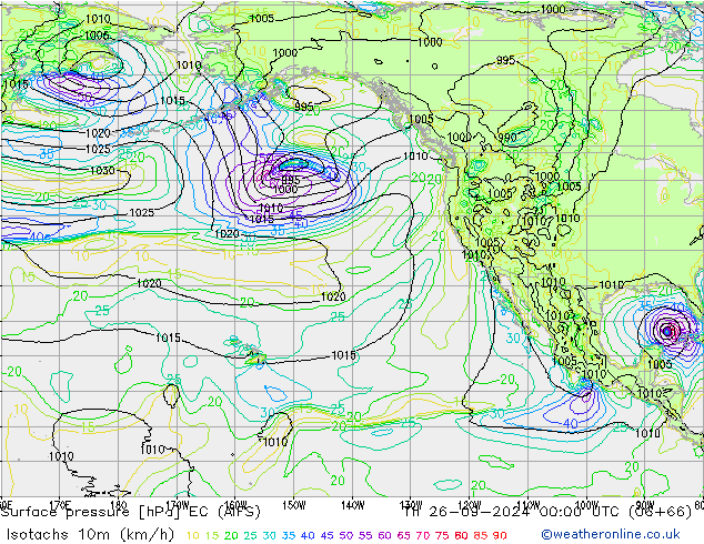 Isotachs (kph) EC (AIFS) чт 26.09.2024 00 UTC