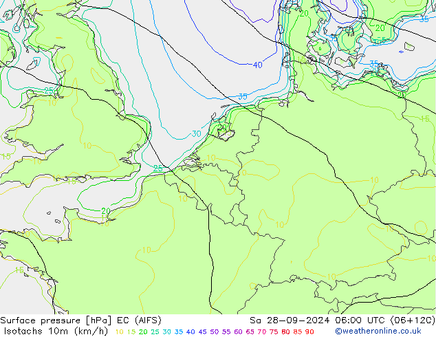 Izotacha (km/godz) EC (AIFS) so. 28.09.2024 06 UTC