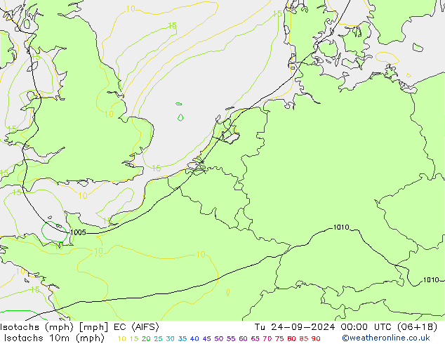 Izotacha (mph) EC (AIFS) wto. 24.09.2024 00 UTC