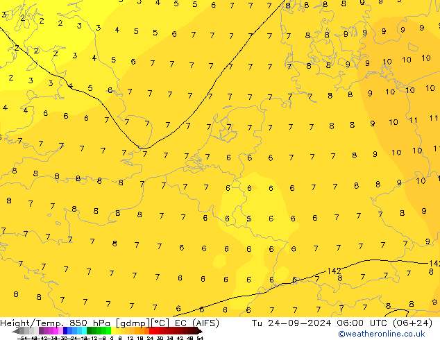 Yükseklik/Sıc. 850 hPa EC (AIFS) Sa 24.09.2024 06 UTC