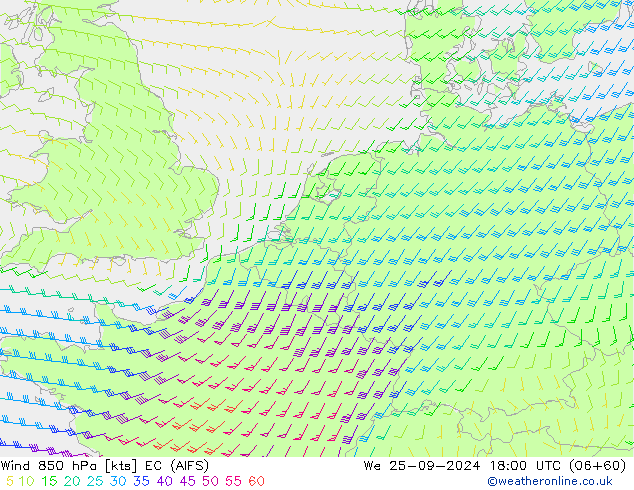 Vento 850 hPa EC (AIFS) mer 25.09.2024 18 UTC