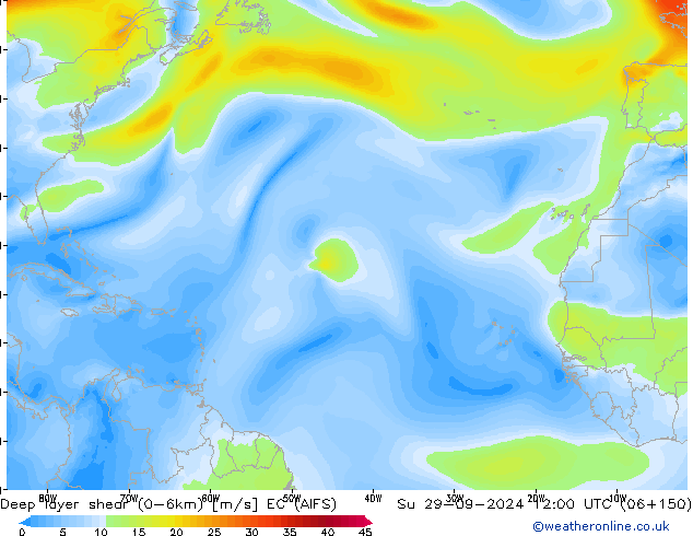 Deep layer shear (0-6km) EC (AIFS) Su 29.09.2024 12 UTC