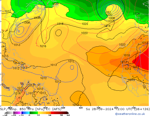 SLP/Temp. 850 hPa EC (AIFS) sáb 28.09.2024 12 UTC