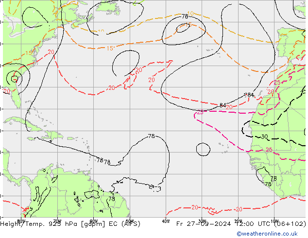 Hoogte/Temp. 925 hPa EC (AIFS) vr 27.09.2024 12 UTC