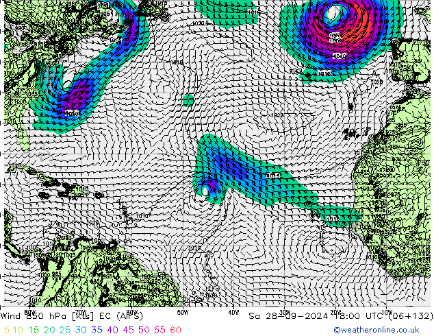 ветер 850 гПа EC (AIFS) сб 28.09.2024 18 UTC