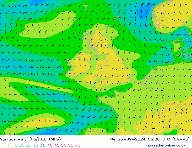 Surface wind EC (AIFS) We 25.09.2024 06 UTC