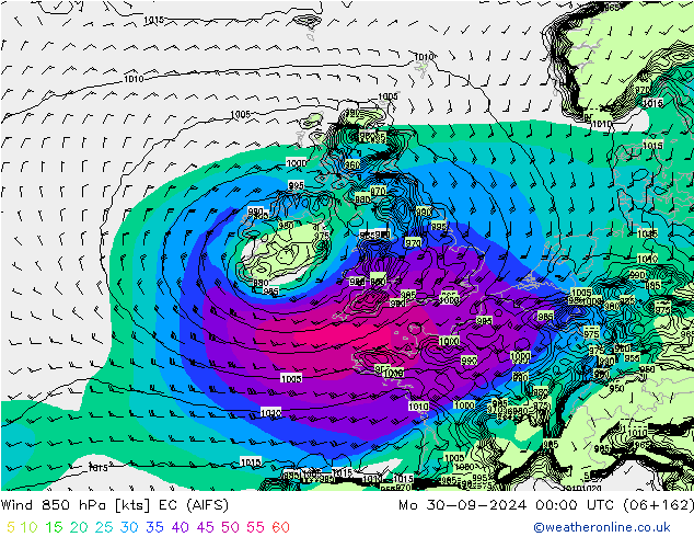 Wind 850 hPa EC (AIFS) Mo 30.09.2024 00 UTC