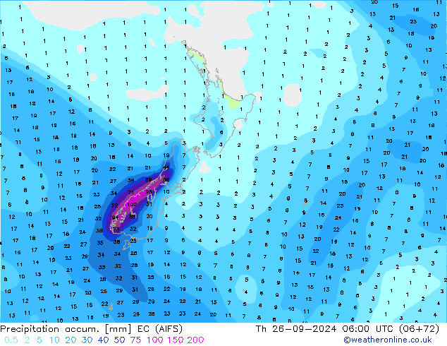 Precipitation accum. EC (AIFS) czw. 26.09.2024 06 UTC