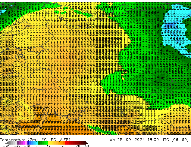 température (2m) EC (AIFS) mer 25.09.2024 18 UTC