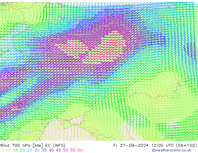 ветер 700 гПа EC (AIFS) пт 27.09.2024 12 UTC