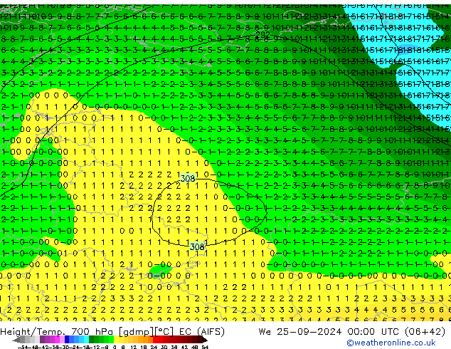 Height/Temp. 700 hPa EC (AIFS)  25.09.2024 00 UTC