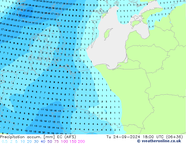 Precipitation accum. EC (AIFS) Tu 24.09.2024 18 UTC