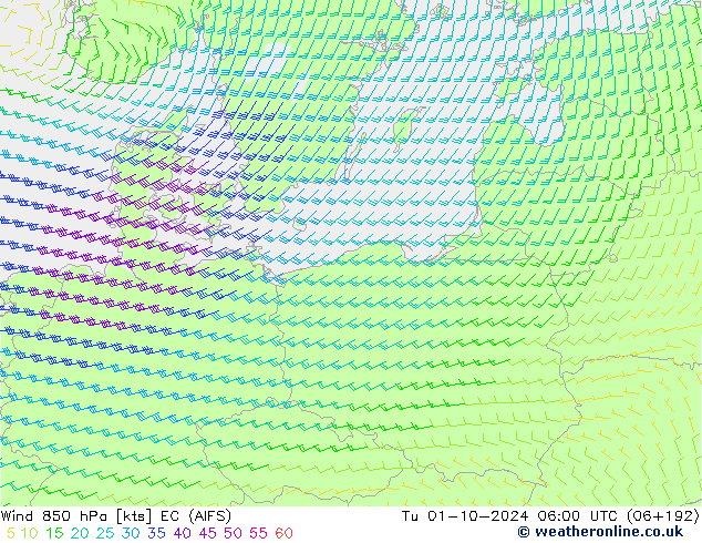 Rüzgar 850 hPa EC (AIFS) Sa 01.10.2024 06 UTC