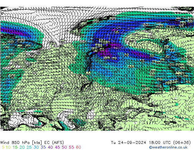 Wind 850 hPa EC (AIFS) Út 24.09.2024 18 UTC