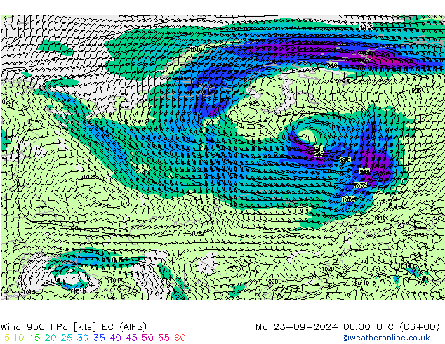 Vent 950 hPa EC (AIFS) lun 23.09.2024 06 UTC