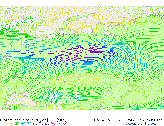 Linia prądu 500 hPa EC (AIFS) pon. 30.09.2024 06 UTC