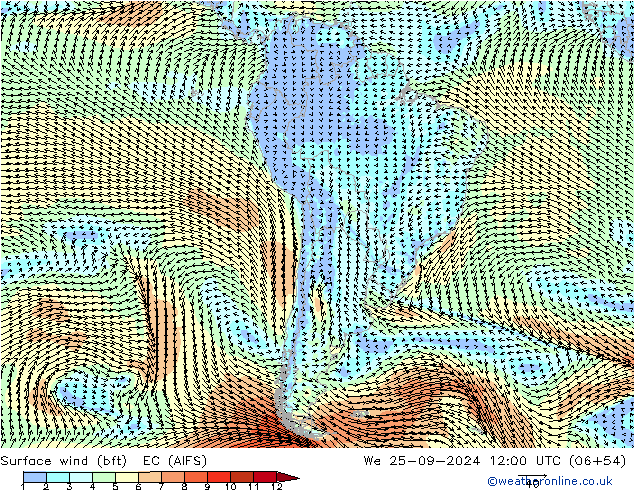 Vent 10 m (bft) EC (AIFS) mer 25.09.2024 12 UTC