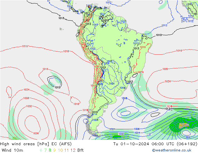 High wind areas EC (AIFS) Út 01.10.2024 06 UTC