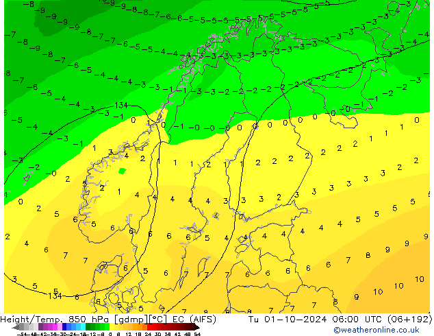 Height/Temp. 850 гПа EC (AIFS) вт 01.10.2024 06 UTC