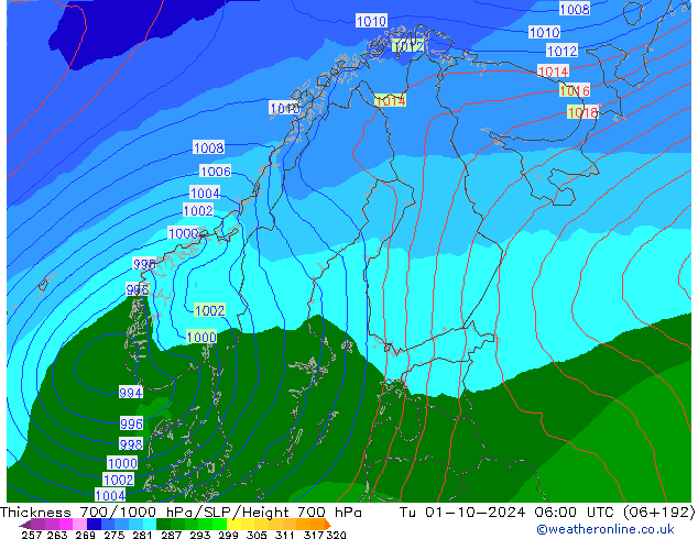 Espesor 700-1000 hPa EC (AIFS) mar 01.10.2024 06 UTC