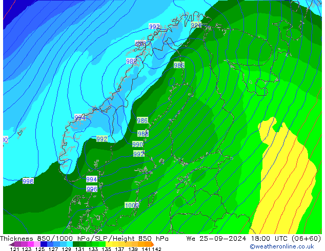 Espesor 850-1000 hPa EC (AIFS) mié 25.09.2024 18 UTC