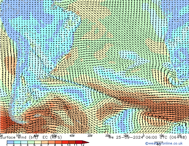 Vento 10 m (bft) EC (AIFS) mer 25.09.2024 06 UTC