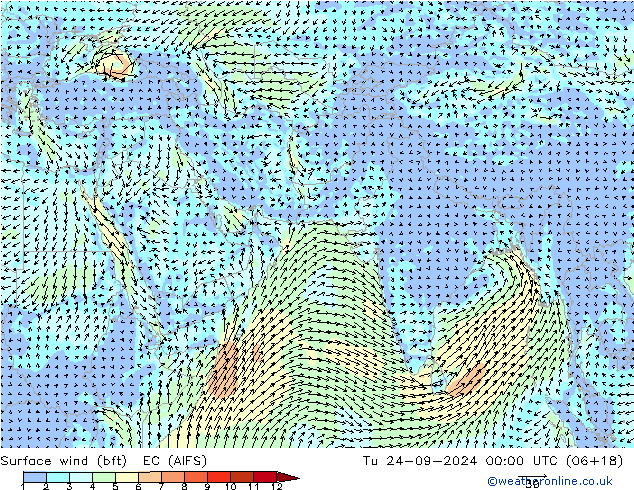 Surface wind (bft) EC (AIFS) Tu 24.09.2024 00 UTC