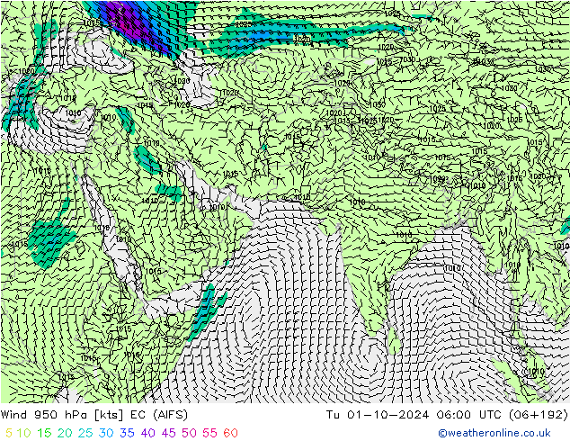 Vento 950 hPa EC (AIFS) mar 01.10.2024 06 UTC